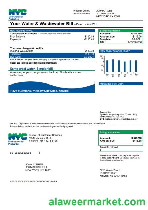USA The New York City Department of Environmental Protection (DEP) utility bill template in Word and PDF format